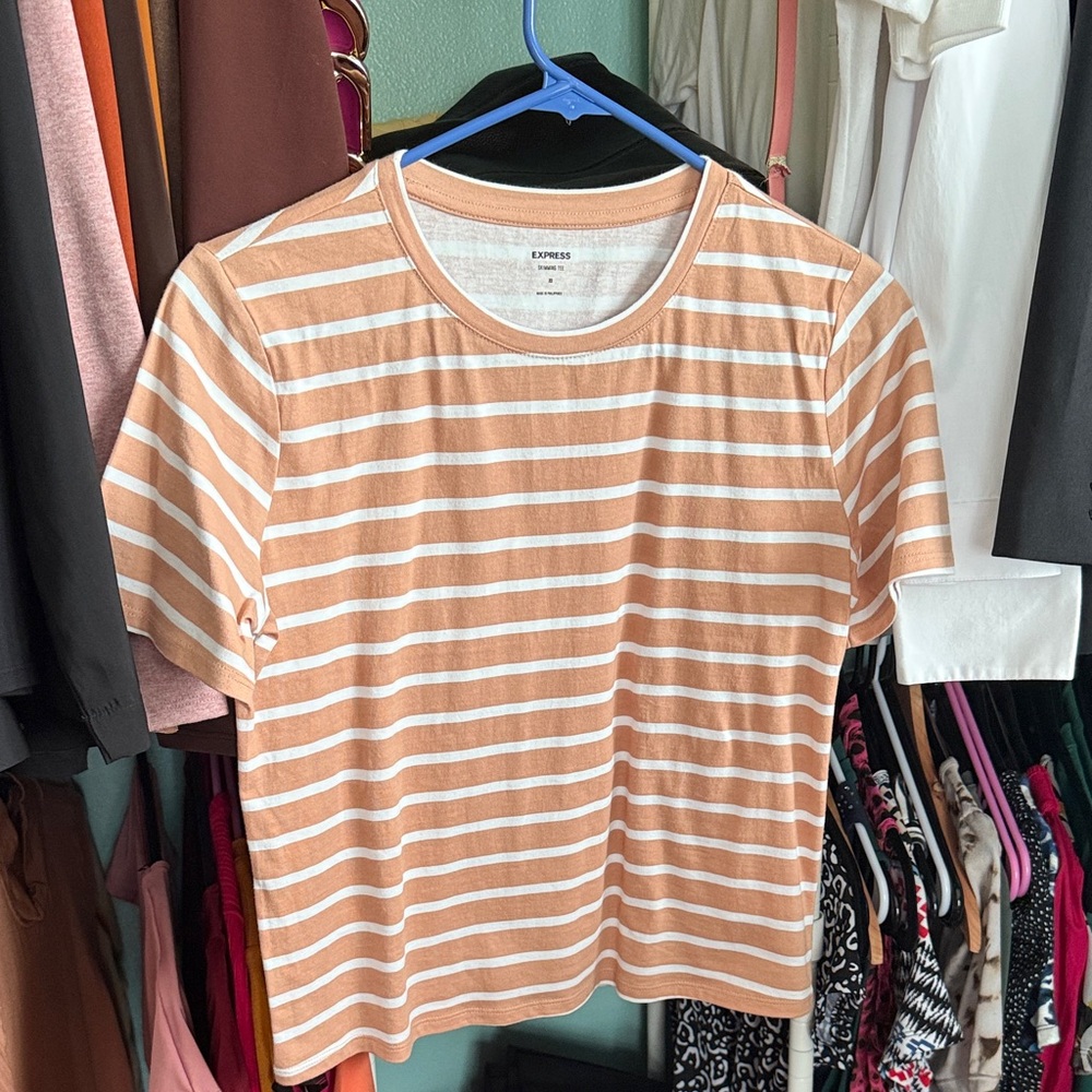 Express Women's Short Sleeve Striped Top - Tan and White